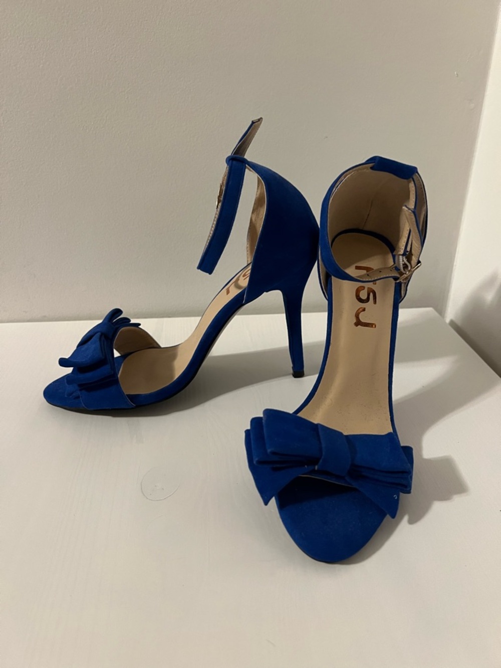 Blue Suede Bow Ankle-Strap High Heels